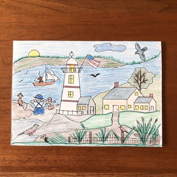 Set Of 5 Vintage Original Blank Cards Nostalgic Americana Folk Art With Envelop - Picture 4 of 9